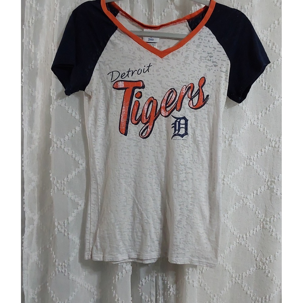 MLB Detroit Tigers Burnout Raglan V-Neck T-Shirt Womens Medium White Navy Orange
